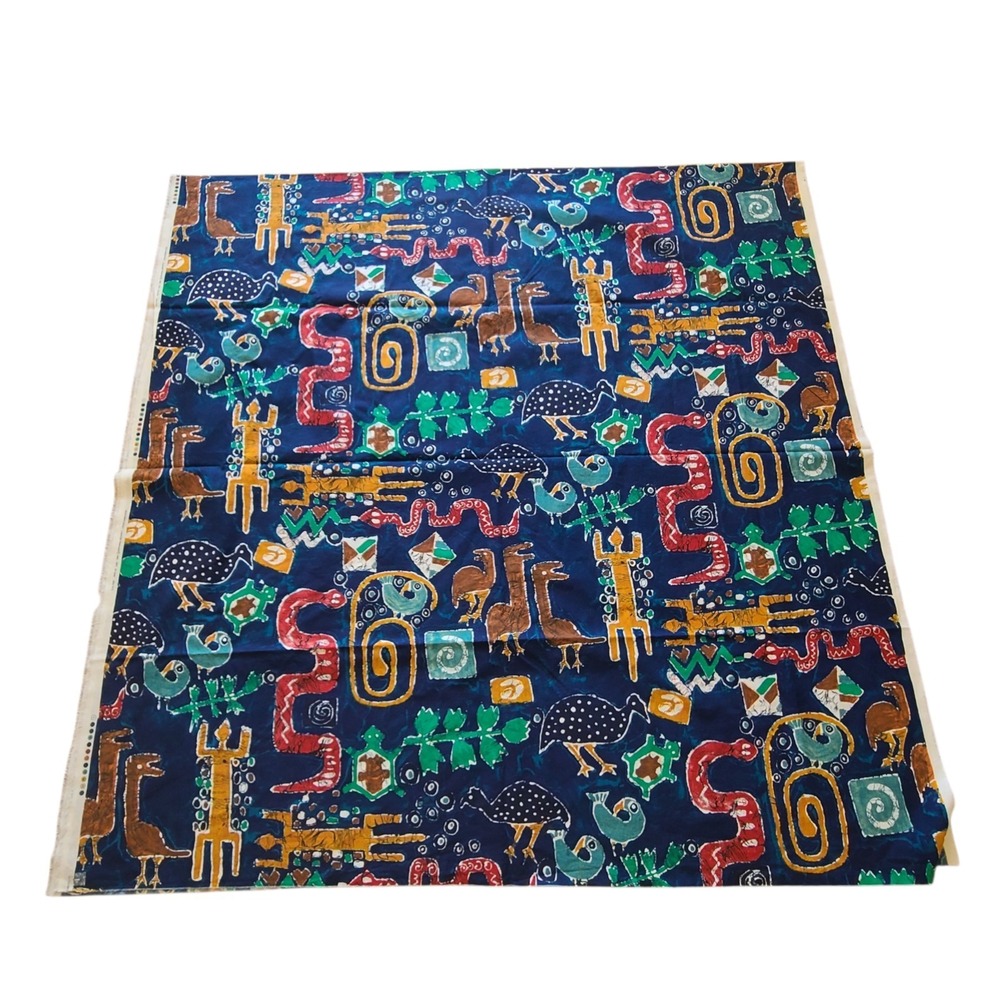 Vintage 1993 Blue Tribal Print Cotton Fabric 3‎ Yards 60 Wide Aboriginal Animals
